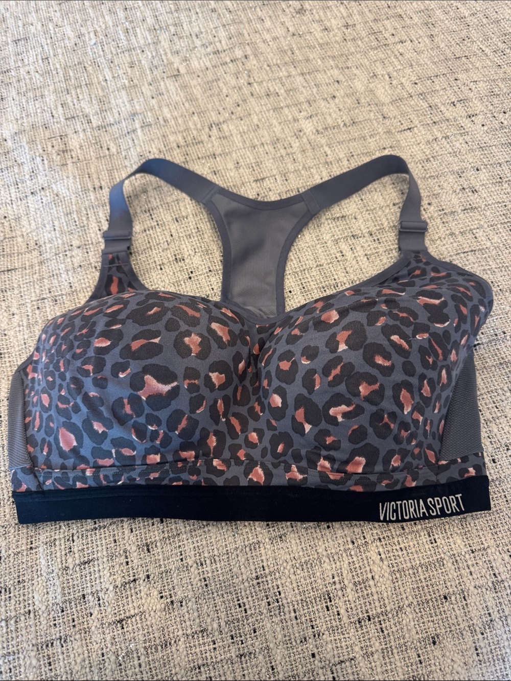 Victoria's Secret Gray and Pink Leopard Racerback Sports Bra